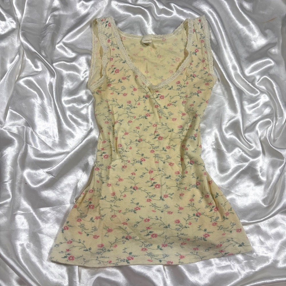 Vintage Tank Top Cream Floral Excellent Lace Trim Cotton Ribbed Camisole Small